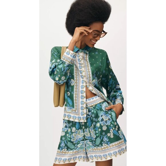 Maeve Anthropologie 2 Piece Set Blouse Medium Printed Silky /Short Small Multi - Picture 1 of 16